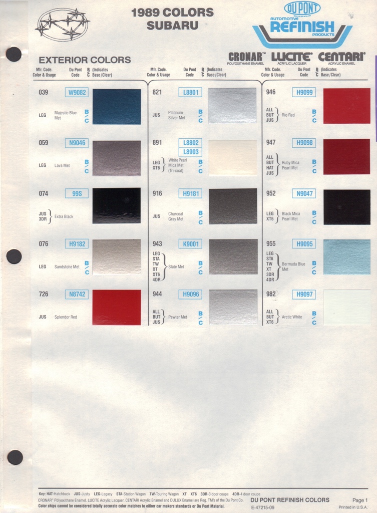 1989 Subaru Paint Charts DuPont 1